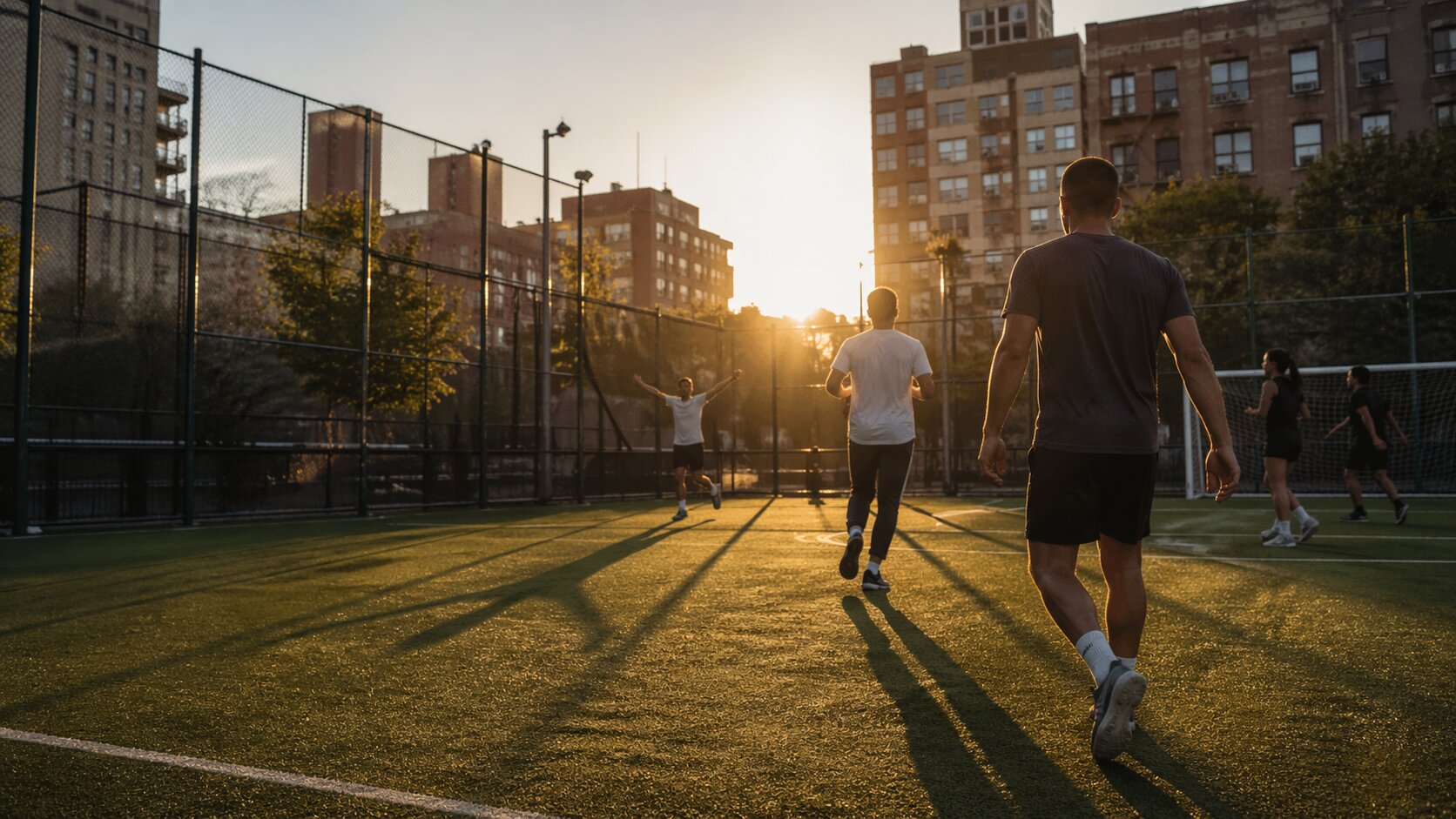 A floodlit five-a-side pitch at golden hour, players mid-game